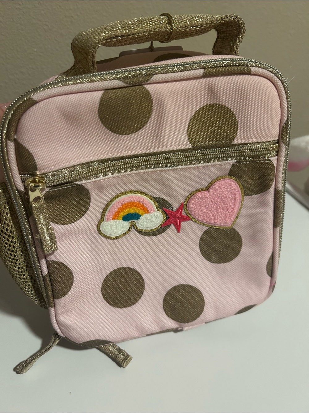 Pottery barn Pink lunch bag with brown/gold polka dots